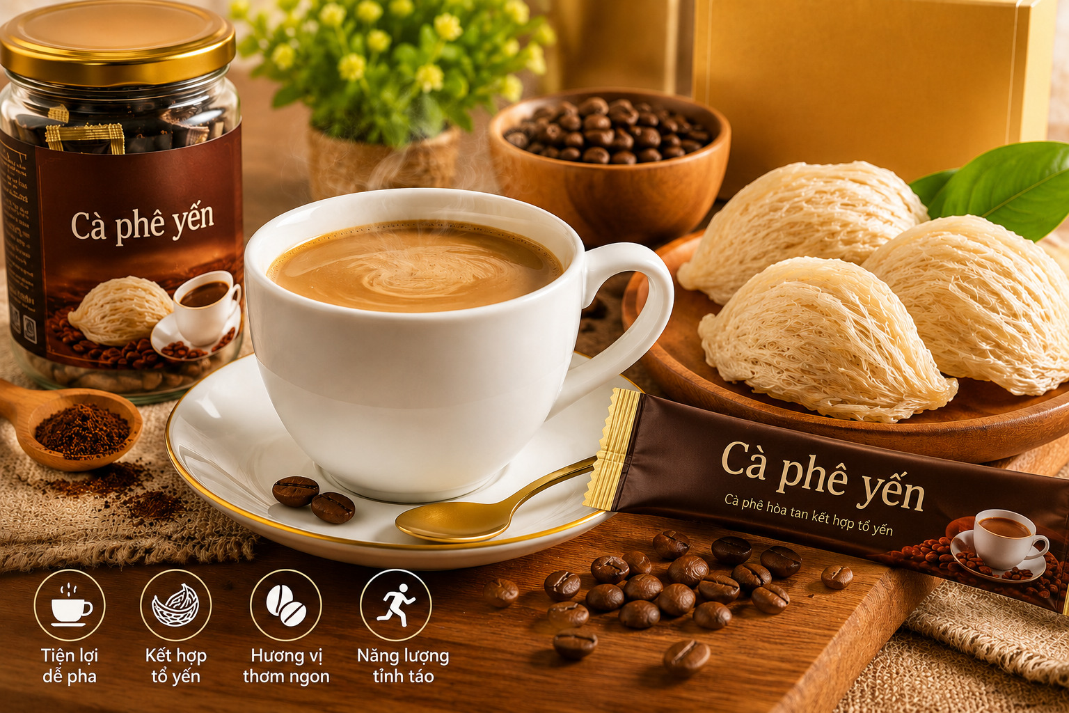 ly cà phê yến, hộp sản phẩm và tổ yến, phong cách sạch, cao cấp