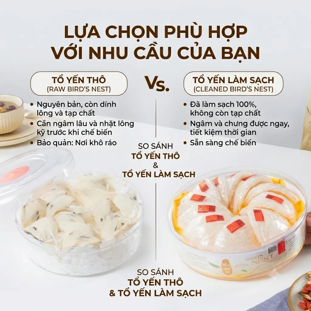 So sánh tổ yến thô còn lông và tổ yến đã làm sạch